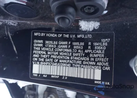 2018 Honda Civic Sport из США, поврежденный, VIN SHHFK7G40JU206040